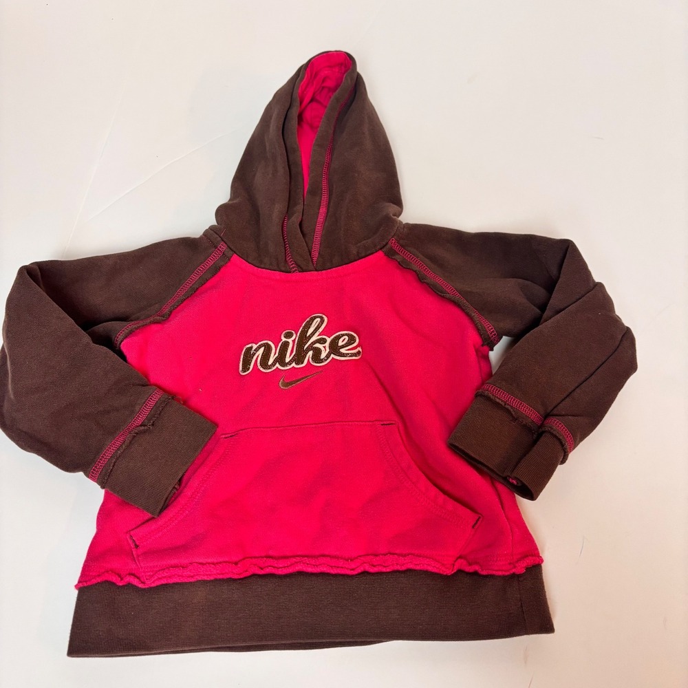 Vintage Nike Toddler Girls Pink Brown Script Logo Fleece Hoodie 2T Y2K BROWN